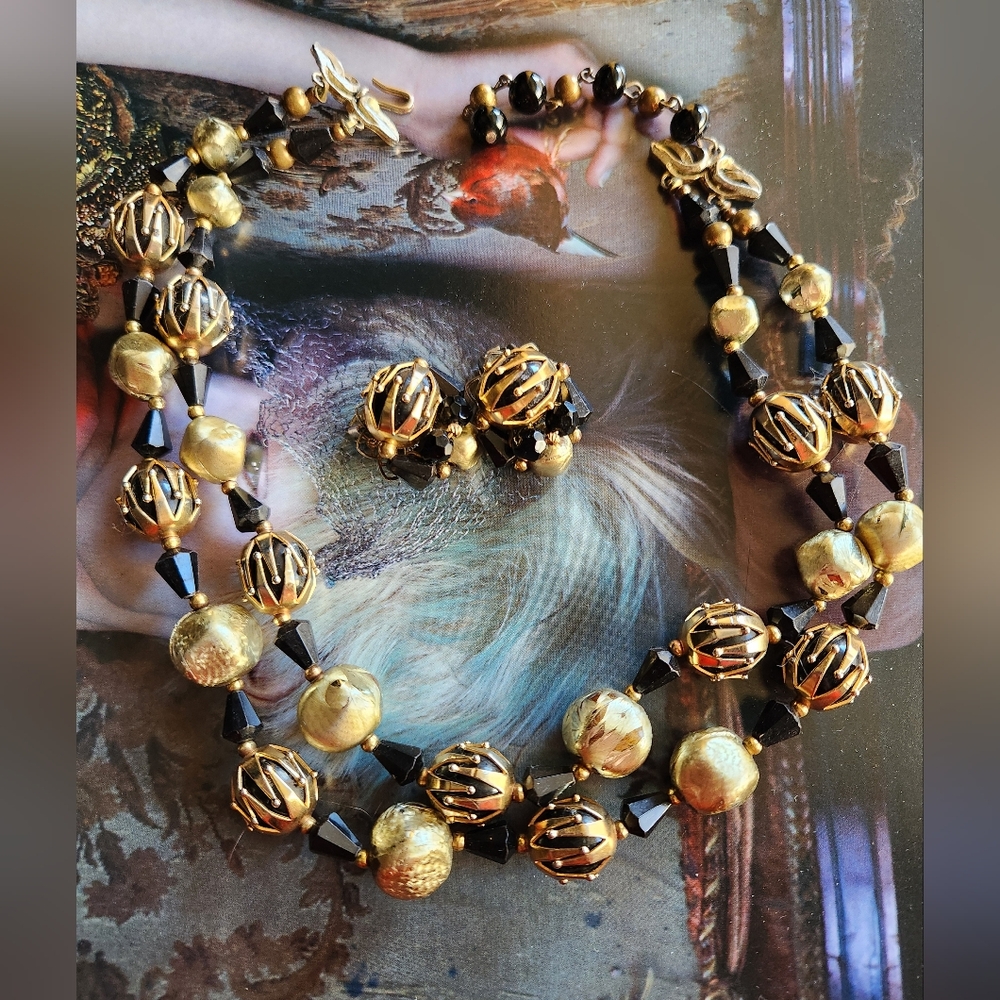 1960s black & gold necklace and earrings
